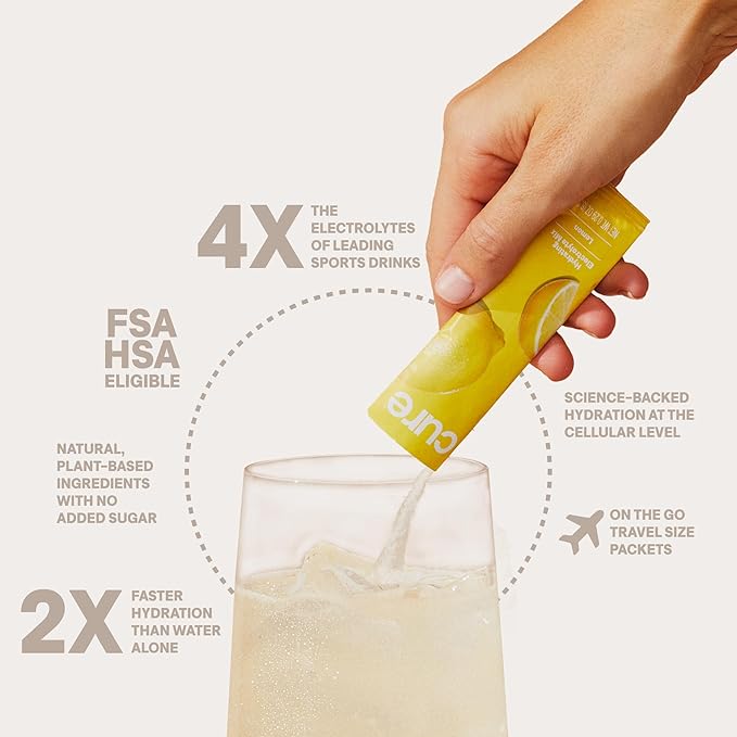 Cure Hydration | Plant-Based Electrolyte Drink Mix | No Added Sugar | FSA & HSA | Dehydration Relief Powder Made with Coconut Water | Non-GMO | Vegan | Box of 8 Packets - Lemonade