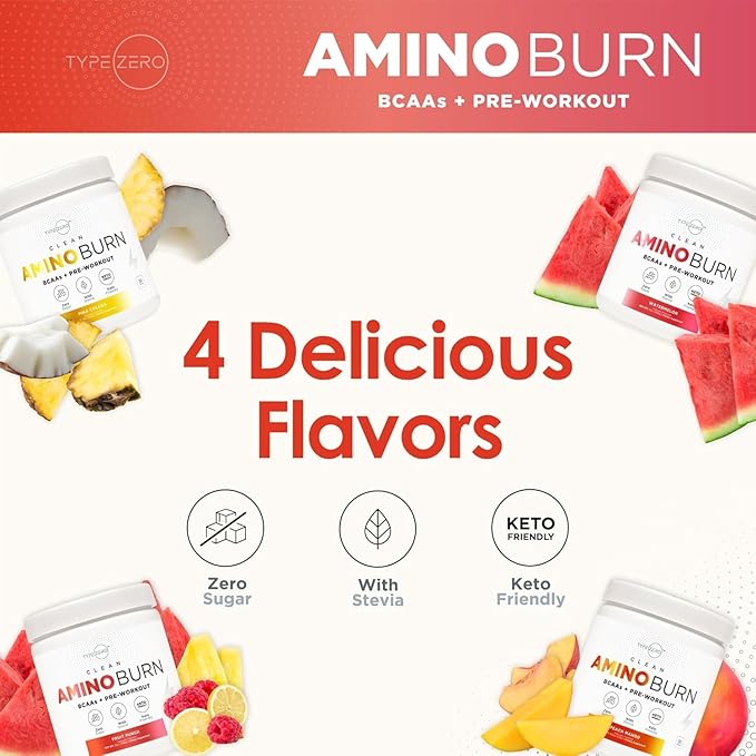 Type Zero AminoBurn - Natural Pre Workout + BCAA (Fruit Punch | 30serv) Sugar Free BCAAs Amino Acids Supplement Keto Preworkout, Amino Preworkout and Post Workout Drink