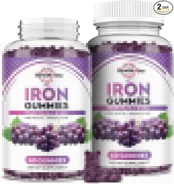 Iron Gummies - with Calcium, Zinc, Folate & Vitamin B12, C, B6 for Adults & Kids - Blood Builder & Energy Support for Iron Deficiency, Anemia, Vegan - 2 Pack Grape Flavour,60 Gummies