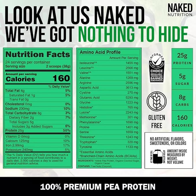 Naked Chocolate Pea Protein Isolate from North American Farms, Only 3 Ingredients, Chocolate Vegan Protein, Gluten-Free, Soy Free, GMO Free - 2LB