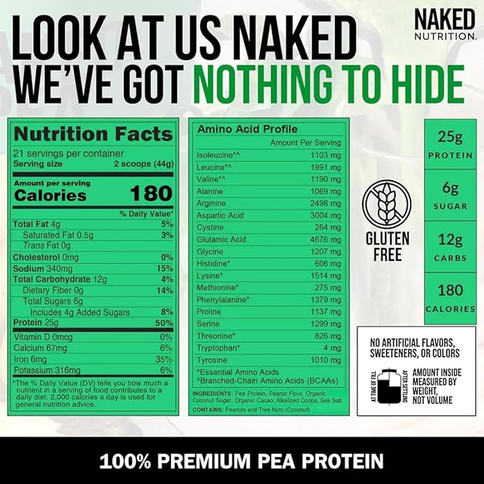 Naked Pea - Chocolate Peanut Butter Protein from US & Canadian Farms, Organic Cocoa, Organic Coconut Sugar - No GMO, No Soy, and Gluten Free, Aid Growth and Recovery - 21 Servings