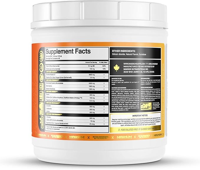 LIMITLESS Magnum 504g - Muscle Workout Powder, Sport Pre Workout for Men and Women, May Assist & Support Increase Energy, Focus, and Endurance - Peach Mango Rush