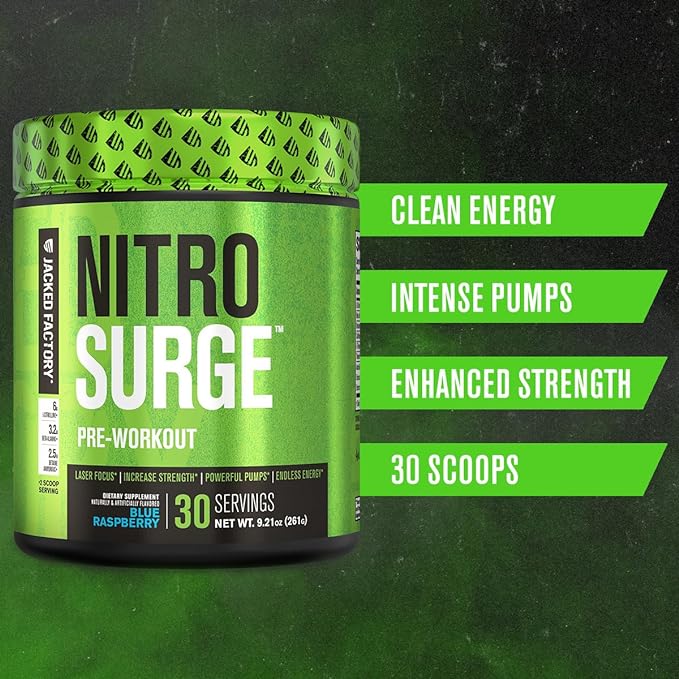 Jacked Factory NITROSURGE Pre Workout Supplement - Endless Energy, Instant Strength Gains, Clear Focus, Intense Pumps - NO Booster & Preworkout Powder with Beta Alanine - 30 Servings, Cherry Limeade