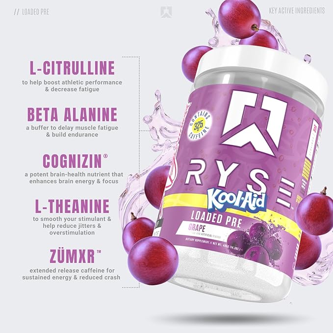 Ryse Loaded Pre Workout Powder Supplement for Men & Women | Pumps, Energy, Focus | Beta Alanine + Citrulline | 390mg Caffeine | 30 Servings (Kool Aid Grape)