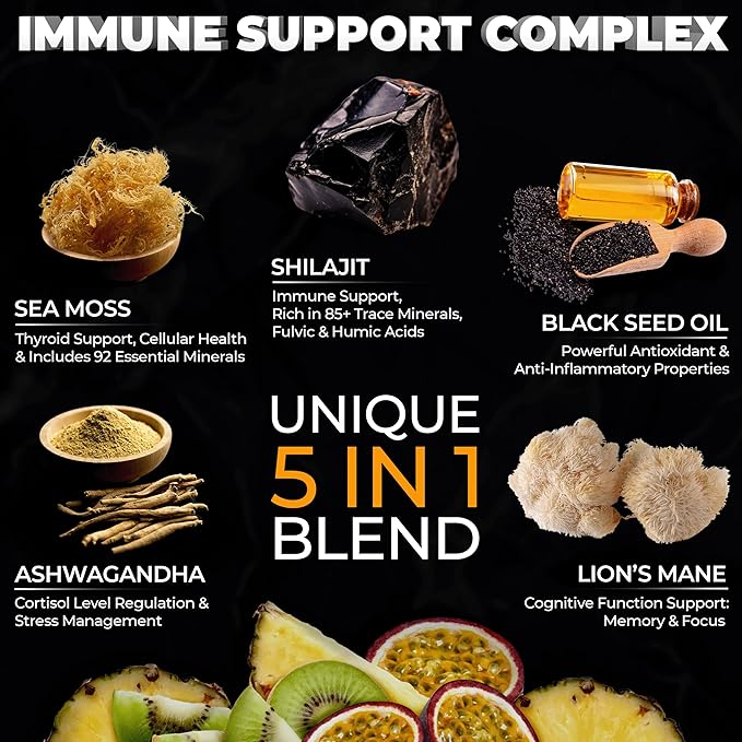 Organic Shilajit Gummies with Sea Moss Gummies - Shilajit Supplement for Immune Support - Pure Himalayan Shilajit and Ashwagandha with Sea Moss and Shilajit, Lionās Mane Extract and Black Seed Oil