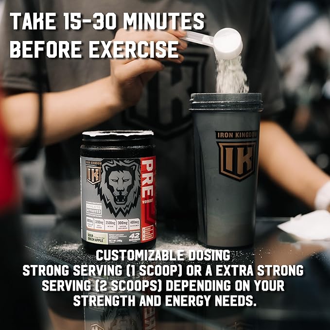 Iron Kingdom Pre Workout Powder for Men & Women Caffeine, Beta Alanine & Aminos for Intense Focus Endurance & Pump - Preworkout Energy Drink Powder Natural Sour Green Apple - 42 Servings