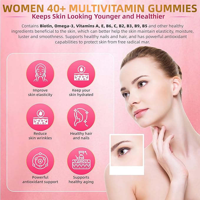 Multivitamin for Women Gummies for 40+ with Omega-3,Niacinamide,B-Complex,Lutein,Iron,Choline, Phosphatidylserine,Vitamin D3 for Skin,Hair,Energy,Immune,Bone ā Vegan,Sugar Free,60 Count