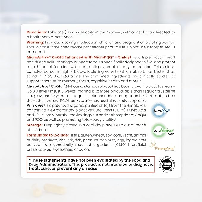 MicroActive CoQ10 Enhanced with MicroPQQ + Shilajit βSustained Releaseβ 60 Veg Caps | Convenient Once a Day Clinical Dose | 2 Month Supply | Vegan | Pharmaceutical Grade