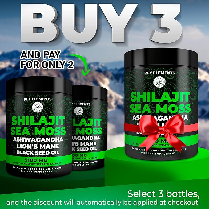 Organic Shilajit Gummies with Sea Moss Gummies - Shilajit Supplement for Immune Support - Pure Himalayan Shilajit and Ashwagandha with Sea Moss and Shilajit, Lionās Mane Extract and Black Seed Oil