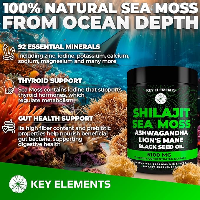 Organic Shilajit Gummies with Sea Moss Gummies - Shilajit Supplement for Immune Support - Pure Himalayan Shilajit and Ashwagandha with Sea Moss and Shilajit, Lionās Mane Extract and Black Seed Oil
