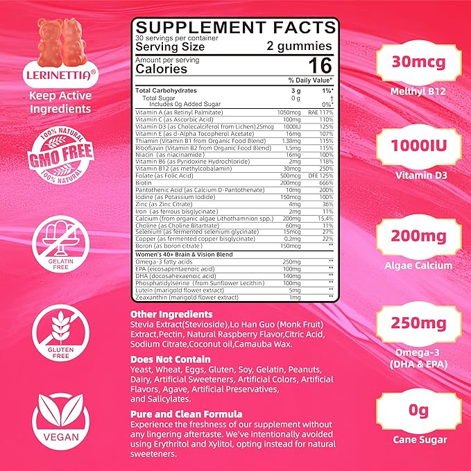Multivitamin for Women Gummies for 40+ with Omega-3,Niacinamide,B-Complex,Lutein,Iron,Choline, Phosphatidylserine,Vitamin D3 for Skin,Hair,Energy,Immune,Bone ā Vegan,Sugar Free,60 Count