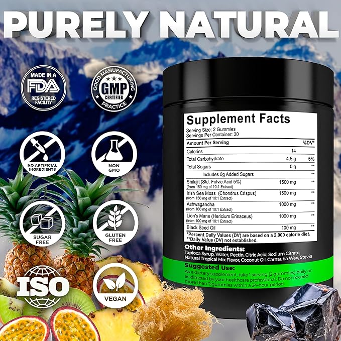 Organic Shilajit Gummies with Sea Moss Gummies - Shilajit Supplement for Immune Support - Pure Himalayan Shilajit and Ashwagandha with Sea Moss and Shilajit, Lionās Mane Extract and Black Seed Oil