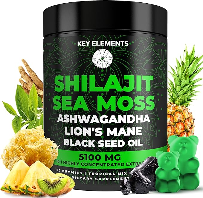 Organic Shilajit Gummies with Sea Moss Gummies - Shilajit Supplement for Immune Support - Pure Himalayan Shilajit and Ashwagandha with Sea Moss and Shilajit, Lionās Mane Extract and Black Seed Oil