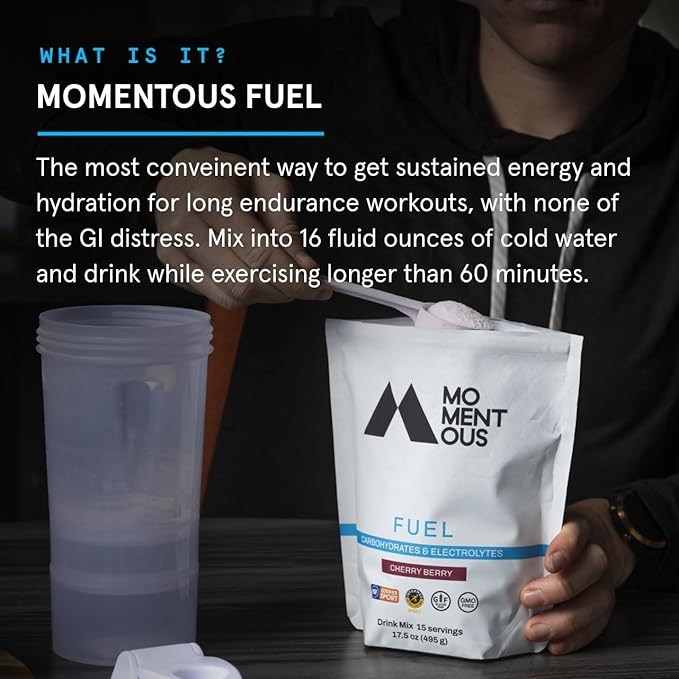 Momentous Fuel Intra-Workout Carbs & Electrolyte Drink Mix - Hydration Powder for Sustained Energy During Workouts - NSF Certified, GMO-Free, Gluten Free - 15 Servings, Strawberry Lime