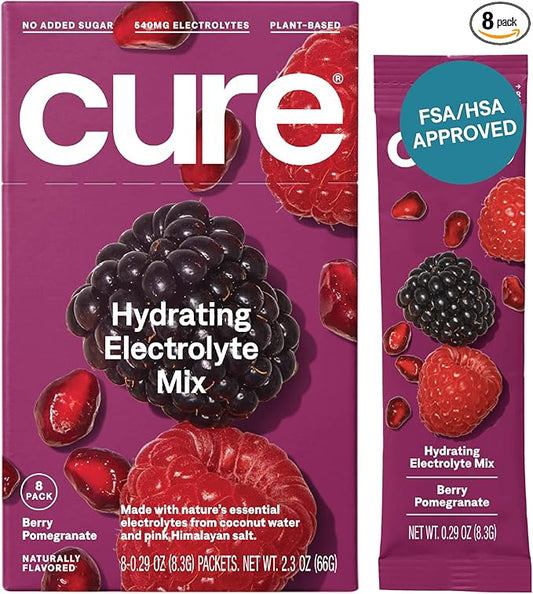 Cure Hydrating Plant Based Electrolyte Mix | Powder for Dehydration Relief | Made with Coconut Water | Non-GMO | No Added Sugar | FSA & HSA | Vegan | Box of 8 Packets - Berry Pomegranate