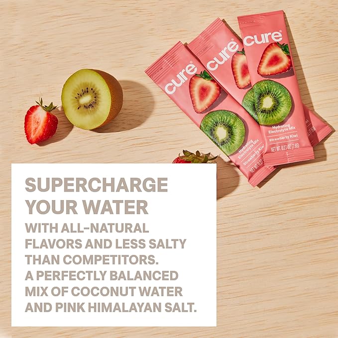 Cure Hydration | Plant-Based Electrolyte Drink Mix | No Added Sugar | FSA & HSA | Dehydration Relief Powder Made with Coconut Water | Non-GMO | Vegan | Box of 8 Packets - Strawberry Kiwi