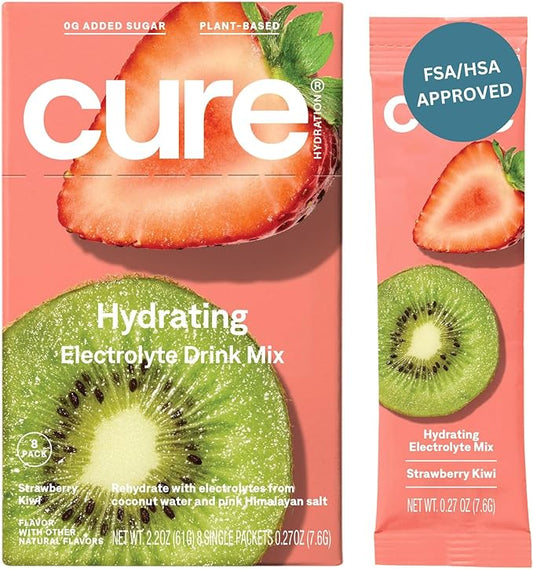 Cure Hydration | Plant-Based Electrolyte Drink Mix | No Added Sugar | FSA & HSA | Dehydration Relief Powder Made with Coconut Water | Non-GMO | Vegan | Box of 8 Packets - Strawberry Kiwi