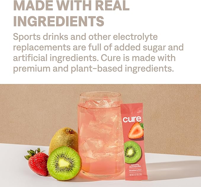 Cure Hydration | Plant-Based Electrolyte Drink Mix | No Added Sugar | FSA & HSA | Dehydration Relief Powder Made with Coconut Water | Non-GMO | Vegan | Box of 8 Packets - Strawberry Kiwi