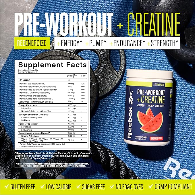 Reebok ReeEnergize Pre-Workout + Creatine | 200MG Caffeine, 3G Creatine, 4G Citrulline | Energy, Focus, Strength | Nitric Oxide Booster | 25 Servings | Watermelon Crush